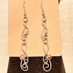 Stainless Steel Earrings Wire Wrapped Rhodonite Earrings Handmade Double Drop